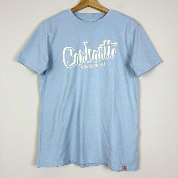 Carhartt Script Logo T-Shirt Sky Blue Loose Fit Wmns Size M Workwear Style Tee - Picture 1 of 7